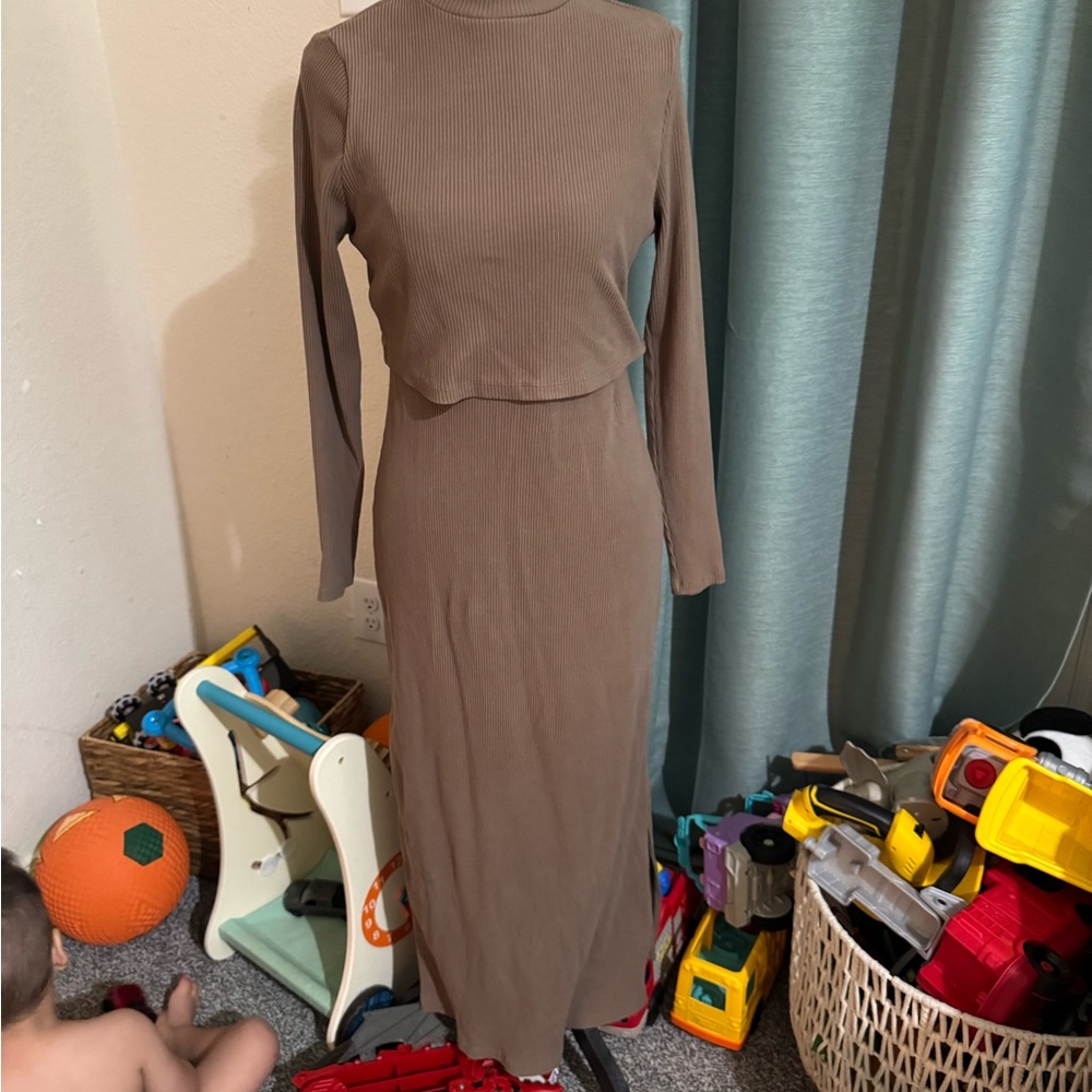Breastfeeding Friendly Ribbed Maxi Dress in Taupe - Classic Everyday Style